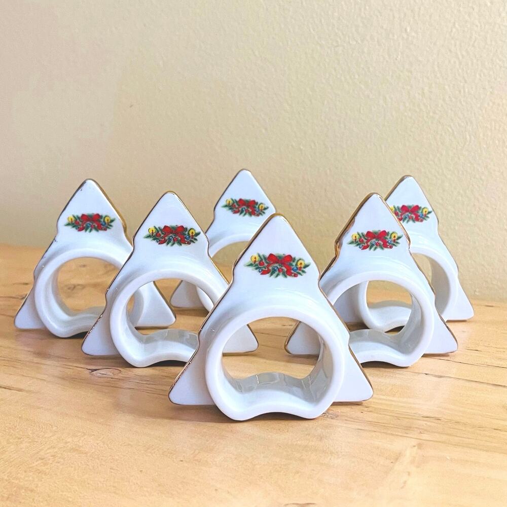 Vtg Holiday Napkin Rings Porcelain Christmas Tree Wreath Bow Japan
Set of 6